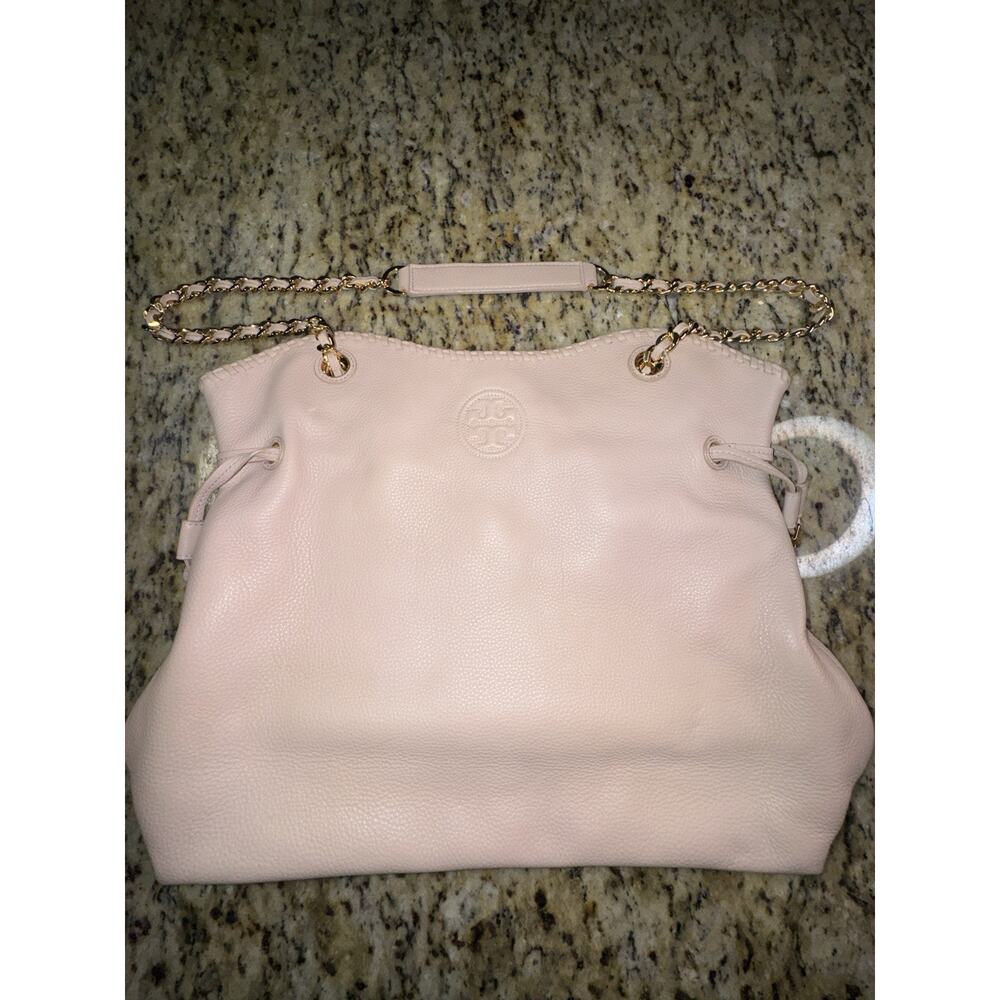 Tory Burch Marion Slouchy Tote Blush Pebbled Leather Chain Shoulder Bag LargeEUC - Picture 2 of 16